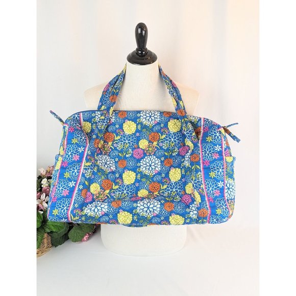 Large Quilted Duffel Fabric Tote Bag 19"x10"x10" Blue Floral Large Carry-On Bag - Picture 3 of 6